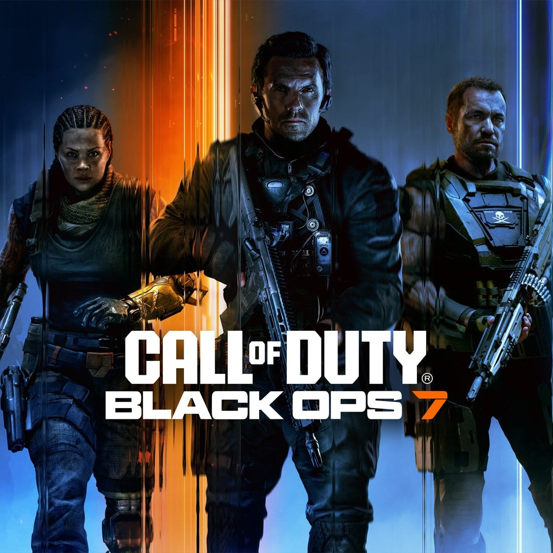 Promotional image for 'Call of Duty: Black Ops 7' featuring characters with weapons on a blue and orange gradient background.